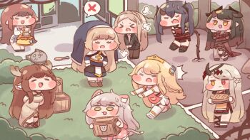 &gt;_&lt; 6+girls =_= ^^^ amelia_(trickcal) animal_ears antlers bellita_(trickcal) blonde_hair blue_hair brown_hair cat_ears cat_girl cat_tail chasing chibi dark_green_hair deer_ears deer_girl diana_(trickcal) diyap elena_(trickcal) erpin_(trickcal) food fricle_(trickcal) full_body green_eyes heterochromia highres horns kommy_(trickcal) multiple_girls ner_(trickcal) official_art pie red_eyes running spoken_x tail trickcal velvet_(trickcal) yellow_eyes