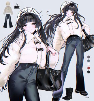 1girl absurdres ankle_boots artist_name bag black_bag black_boots black_hair black_pants boots closed_mouth commentary_request cowboy_shot full_body grey_background hat haze_(7h4ze) highres jacket long_sleeves looking_at_viewer multiple_views original pants shoulder_bag simple_background smile solo standing white_hat white_jacket yellow_eyes