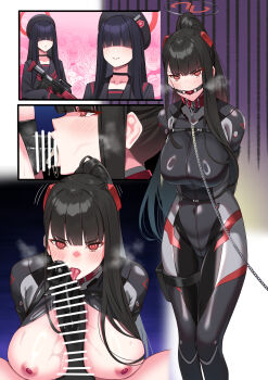 3girls absurdres arms_behind_back ball_gag beret black_gloves black_hair black_serafuku blue_archive blunt_bangs blush bodysuit bound bound_arms breasts censored commentary_request dildo fellatio gag gloves gun hair_over_eyes halo hat hiememiko highres holding holding_gun holding_weapon holster justice_task_force_member_(blue_archive) large_breasts licking long_hair multiple_girls nipples oral penis ponytail red_eyes ringed_eyes rio_(blue_archive) rio_(bodysuit)_(blue_archive) school_uniform serafuku smile strap-on thigh_holster tongue tongue_out very_long_hair weapon yuri