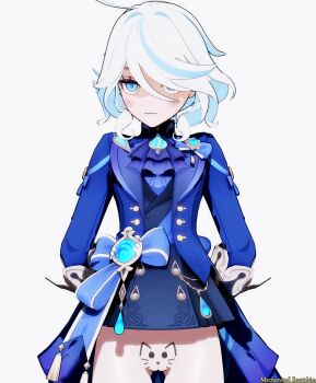 1girl 3d ahoge arms_behind_back artist_name ascot blue_eyes blue_hair blue_jacket blue_ribbon blush bottomless do_you_want_to_pet_my_cat_(meme) frills furina_(genshin_impact) genshin_impact hair_over_one_eye highres jacket jewelry jewels looking_at_viewer marker mechanical_seraphim mikumikudance_(medium) multicolored_hair no_panties pussy ribbon short_hair simple_background smile solo standing two-tone_hair white_background white_hair