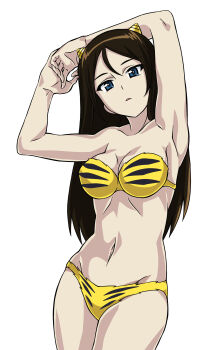 1girl 9s0ykoyama117 absurdres alternate_costume animal_print armpits bare_arms bare_legs bare_shoulders bikini black_hair blue_eyes breasts cleavage collarbone cosplay expressionless fake_horns fur_bikini girls_und_panzer head_tilt highres horns large_breasts legs legs_together long_hair looking_at_viewer lum lum_(cosplay) midriff navel neck nonna_(girls_und_panzer) open_mouth simple_background solo standing straight_hair strapless strapless_bikini swimsuit tiger_print urusei_yatsura white_background yellow_bikini yellow_horns