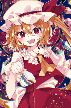 Rule 34 | 1girl, :d, ascot, blonde hair, blush, bow, breasts, chromatic aberration, collar, commentary request, crystal, cup, fang, flandre scarlet, frilled collar, frills, hair between eyes, hat, hat ribbon, highres, holding, holding cup, katsuragi atori, looking at viewer, mob cap, multicolored wings, one side up, open mouth, pouring, puffy short sleeves, puffy sleeves, red bow, red eyes, red ribbon, red skirt, red vest, ribbon, shirt, short hair, short sleeves, side ponytail, skirt, skirt set, small breasts, smile, solo, spilling, standing, tea, teacup, teeth, touhou, upper body, upper teeth only, vest, white hat, wings, yellow ascot