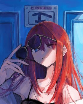 Rule 34 | absurdres, alternate costume, aviator sunglasses, bare shoulders, casual, commentary request, hair over eyes, highres, holding, holding removed eyewear, long hair, makise kurisu, one eye closed, red hair, science adventure, sign, steins;gate, suehiroch0, sunglasses, sunlight, unworn eyewear