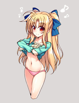 Rule 34 | 1girl, ahoge, alicia testarossa, blonde hair, blush, bow, clothes lift, collarbone, cowboy shot, cropped legs, female focus, grey background, groin, hair bow, long hair, long sleeves, looking at viewer, lyrical nanoha, mahou shoujo lyrical nanoha, musical note, navel, panties, pink panties, raiou, red eyes, shirt lift, sidelocks, smile, solo, twintails, two side up, underwear