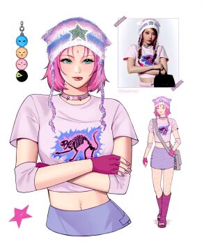 1girl :p animal_print artist_name bag bag_charm beanie blue_hat bob_cut boots cargo_skirt cat_print character_charm charm_(object) choker closed_eyes closed_mouth commentary cosplay crazy_(le_sserafim) cropped_shirt cropped_torso crossed_arms drawn_star earflap_beanie elbow_sleeve english_commentary eyelashes facial_mark fingerless_gloves forehead_mark full_body gloves green_eyes haruno_sakura hat hatake_kakashi highres k-pop knee_boots knit_hat le_sserafim looking_ahead midriff miyawaki_sakura miyawaki_sakura_(cosplay) multicolored_hat multiple_views naruto_(series) naruto_shippuuden navel photo_(object) photo_inset pink_boots pink_choker pink_gloves pink_hair pink_sleeves purple_hat purple_skirt shoulder_bag skeleton_print skirt spiked_choker spikes star_(symbol) star_print tenartistt tongue tongue_out uchiha_sasuke uzumaki_naruto vertical-striped_hat walking white_background white_hat y2k_fashion