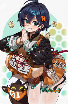 1girl absurdres alternate_breast_size bangboo_(zenless_zone_zero) belle_(delicate_sunlight)_(zenless_zone_zero) belle_(zenless_zone_zero) blue_hair blush breasts cleavage clenched_teeth covered_erect_nipples crossed_bangs earrings eous_(zenless_zone_zero) feipin_zhanshi grin hair_between_eyes hair_ornament highres huge_breasts jewelry looking_at_viewer orange_skirt pantyhose short_hair skirt smile sweat teeth thighs white_pantyhose zenless_zone_zero