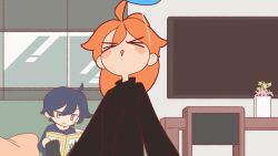 &gt;_&lt; 1boy 1girl ahoge angry animated balloon black_shirt blowing blue_eyes blue_hair blue_pants blue_shirt book closed_eyes constricted_pupils coughing hair_between_eyes high_ponytail holding holding_book indoors interior kicking long_hair long_sleeves looping_animation no_nose open_mouth orange_eyes orange_hair original pants ponytail punching reading shirt sitting smear_frame socks standing takarai_shunsuke tareme video white_socks wide_sleeves