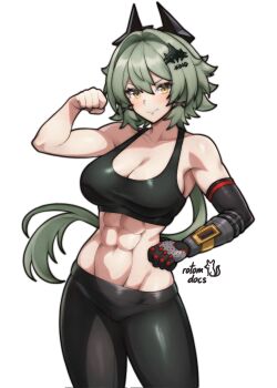 1girl abs artist_name black_horns black_pants black_sports_bra breasts caesar_king_(zenless_zone_zero) closed_mouth commentary commission contrapposto corrupted_twitter_file cowboy_shot english_commentary flexing floating_hair green_hair hair_between_eyes hair_intakes hair_ornament hand_on_own_hip highres horns ko-fi_commission large_breasts long_hair looking_at_viewer muscular muscular_female navel pants prosthesis prosthetic_arm rotomdocs simple_background smug solo sports_bra standing v-shaped_eyebrows very_long_hair white_background x_hair_ornament yellow_eyes yoga_pants zenless_zone_zero
