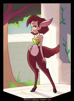 1girl 2018 animal_ear_fluff animal_nose artist_name bob_cut body_fur breasts castle collarbone commentary deer_girl dress elora_(spyro) english_commentary eyeshadow female_focus from_behind full_body green_eyes half-closed_eyes highres hooves light_smile looking_at_viewer looking_back medium_breasts outdoors pink_eyeshadow prismaticdragee red_fur red_hair sand shadow sideways_glance solo spyro_(series) sunlight tail tail_wagging thick_thighs thighs tree unworn_dress white_fur