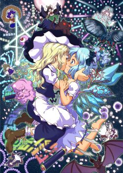 6+girls apron barefoot bat_(animal) blonde_hair blue_dress blue_eyes blue_hair blue_hat blue_ribbon blue_skirt blue_vest blush boots brooch brown_boots bug butterfly cirno commentary_request danmaku detached_wings dress flower_brooch frilled_apron frills glowing glowing_eyes hair_ribbon hat highres hijiri_byakuren insect jewelry kaenbyou_rin kirisame_marisa kiss long_hair moriya_suwako multiple_girls pentagram plant puffy_short_sleeves puffy_sleeves red_eyes reiuji_utsuho remilia_scarlet ribbon saigyouji_yuyuko shirt short_hair short_sleeves skirt sky socks sorcerer's_sutra_scroll star_(sky) star_(symbol) starry_sky sweatdrop tanned_cirno touhou uirou_(uirou1) unzan vest vines white_shirt white_socks wings witch_hat yasaka_kanako yuri