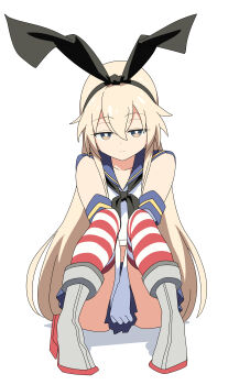 1girl absurdres baasaku_(balasaku24) black_hairband blonde_hair blue_sailor_collar commentary_request elbow_gloves gloves grey_eyes hair_between_eyes hairband highres kantai_collection long_hair looking_at_viewer rudder_footwear sailor_collar shimakaze_(kancolle) sitting solo striped_clothes striped_thighhighs thighhighs very_long_hair white_gloves