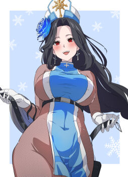 1girl belt black_belt black_hair bodystocking braid braided_ponytail breasts cowboy_shot cross cross_earrings earrings gloves goddess_of_victory:_nikke hat hatenoga ice_flower jewelry large_breasts long_hair looking_at_viewer maiden_(ice_rose)_(nikke) maiden_(nikke) official_alternate_costume pelvic_curtain simple_background solo torn_bodystocking torn_clothes very_long_hair white_gloves white_hat