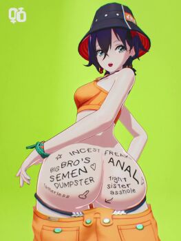 1girl 3d animated ass ass_focus ass_shake belle_(summer_skies)_(zenless_zone_zero) belle_(zenless_zone_zero) blue_hair body_writing bouncing_ass bracelet breasts clothes_pull female_focus green_background green_eyes hat huge_ass jewelry laughing looking_at_viewer medium_breasts presenting presenting_own_ass presenting_own_body short_shorts shorts shorts_pull simple_background smile solo sound swimsuit video zenless_zone_zero