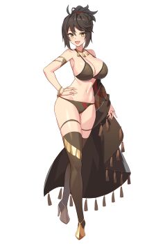 1girl armpit_crease armpits asymmetrical_clothes bikini black_hair breasts brown_bikini brown_shawl brown_thighhighs chain cleavage crossed_legs dot_nose eyebrows_hidden_by_hair eyelashes fringe-trimmed_shawl fringe_trim full_body game_cg gold_bangle gold_chain gold_necklace gold_ring gold_shoes hand_on_own_hip high_heels high_ponytail highres isis_(lost_sword) jewelry large_breasts looking_at_viewer lost_sword:_tales_of_britania navel necklace official_art open_mouth ponytail shawl shoes sideboob silver_ring skindentation smile solo standing swimsuit thigh_bands thighhighs third-party_source transparent_background watson_cross yellow_eyes