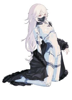 Rule 34 | 1girl, 621 (armored core vi), alcohol635440, armored core, armored core vi: fires of rubicon, black coat, black mask, bodysuit, coat, coat partially removed, covered navel, expressionless, fur-trimmed coat, fur trim, highres, kneeling, long hair, mask, mecha pilot suit, mouth mask, red eyes, simple background, solo, white background, white bodysuit, white hair