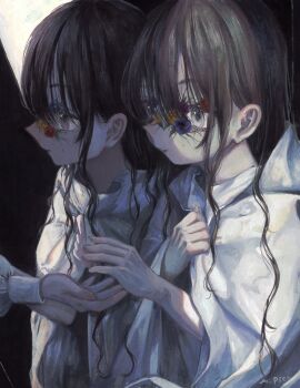 1girl 1other brown_hair cloak commentary_request expressionless eyelashes flower grey_eyes growing_out_of_body highres long_hair monou_pico offering_hand original reflection upper_body white_cloak