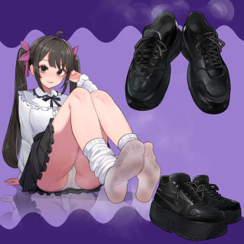 1girl ahoge arm_at_side arm_support ass bib_collar black_bow black_bowtie black_hair black_shoes black_skirt bow bowtie closed_mouth collared_shirt commentary_request commission dirty dirty_clothes fingernails foot_focus frilled_shirt_collar frills full_body grey_eyes hair_bow hand_up highres knees_up large_variant_set leg_warmers long_hair looking_at_viewer lumina414 miniskirt nail_polish no_shoes orange_nails original panties pixiv_commission purple_background purple_bow reflection shirt shirt_tucked_in shoes sitting skirt smell smile sneakers socks solo twintails underwear unworn_shoes variant_set white_leg_warmers white_panties white_shirt white_socks wing_collar