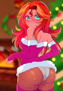 absurdres animification ass ass_focus back blush christmas christmas_ornaments christmas_stocking christmas_tree detached_sleeves fireplace from_behind highres looking_at_viewer looking_back multicolored_hair my_little_pony my_little_pony:_equestria_girls my_little_pony:_friendship_is_magic panties pantyhose rainbow_hair santa_costume shion_(shion_aster) streaked_hair sunset_shimmer sunset_shimmer_(human) two-tone_hair underwear wedgie white_panties