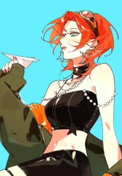 Rule 34 | 1girl, aqua eyes, black choker, black skirt, black tube top, blue background, brown goggles, choker, earrings, eyewear on head, green jacket, highres, holding, holding paper airplane, jacket, jewelry, mole, mole under eye, moooorzm, navel, necklace, orange hair, orange lips, orange nails, paper airplane, path to nowhere, pearl necklace, pearl straps, skirt, star (symbol), star earrings, strapless, tube top, zephyr (path to nowhere)