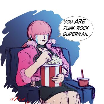 1girl chair cinematic couch dc_comics dress earrings female_focus fishnets fluffy food heart highres jacket jewelry long_hair movie_theater pale_skin ponytail popcorn red_hair shermie_(kof) sitting skirt soda superman superman_(series) taurence_bell the_king_of_fighters thick_thighs thighs