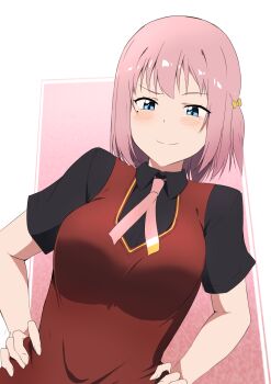 1girl absurdres alternate_hairstyle blush breasts fingernails hair_ribbon half-closed_eyes hands_on_own_hips highres large_breasts looking_at_viewer love_live! love_live!_nijigasaki_high_school_idol_club medium_hair mifune_shioriko mole mole_under_eye nijigasaki_school_uniform ribbon role_reversal school_uniform smile smug zasshoku_ojisan zhong_lanzhu