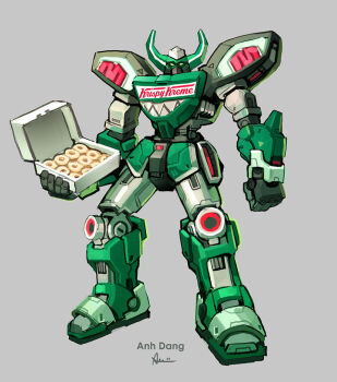anh_dang artist_name box commentary daizyuzin dino_megazord donut english_commentary food green_theme grey_background holding holding_box krispy_kreme looking_at_viewer mecha mighty_morphin_power_rangers no_humans original power_rangers power_rangers_(movie) robot signature simple_background