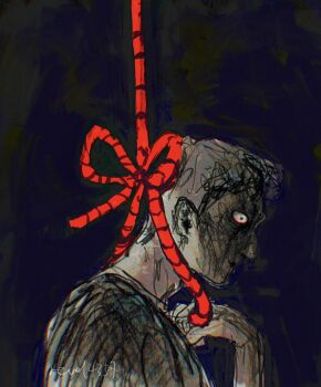 1boy blank_stare blue_eyes constricted_pupils from_side highres holding holding_rope imminent_suicide looking_to_the_side noose original revol4357 ribbon rope short_hair solo upper_body wide-eyed