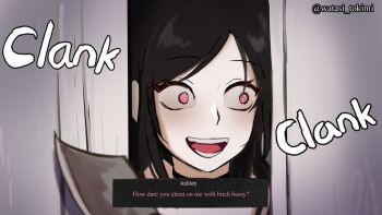 1girl ashley_graves axe black_hair crazy crazy_eyes dialogue_box english_text here's_johnny!_(meme) looking_to_the_side meme pink_eyes the_coffin_of_andy_and_leyley watasi_tokimi