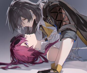 2girls black_gloves black_jacket closed_mouth commentary earrings eyewear_on_head gloves gradient_background grey_background grey_hair hashtag-only_commentary highres honkai:_star_rail honkai_(series) jacket jewelry kafka_(honkai:_star_rail) long_hair long_sleeves multiple_girls parted_lips purple_eyes purple_hair shirt sleeves_rolled_up stelle_(honkai:_star_rail) sunglasses trailblazer_(honkai:_star_rail) white_shirt xianyuqihaouki yellow_eyes yuri