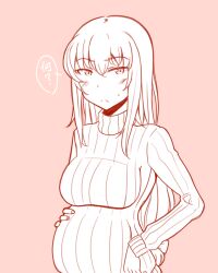 Rule 34 | :&lt;, blush, breasts, girls und panzer, greyscale with colored background, hand on own stomach, itsumi erika, k-dam, large breasts, long hair, looking at viewer, pink background, pregnant, simple background, speech bubble, sweatdrop, sweater, upper body
