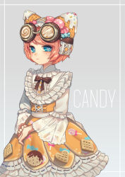 Rule 34 | 1girl, animal ears, back bow, blue eyes, bow, bright pupils, button eyes, buttons, candy, candy hair ornament, candy print, candy wrapper, center cross lace, closed mouth, dress, fake animal ears, food, food-themed hair ornament, frilled dress, frilled shirt collar, frilled sleeves, frills, goggles, goggles on head, hair ornament, hairband, headband, heart blush stickers, heart button, identity v, lolita fashion, lolita hairband, lollipop, long sleeves, looking to the side, official alternate costume, orange hair, ribbon, sansai toritori, see-through, see-through sleeves, short hair, swirl lollipop, symbol-shaped pupils, tracy reznik, tracy reznik (candy girl), waist bow, white bow, white pupils, wide sleeves, x-shaped pupils, yellow dress