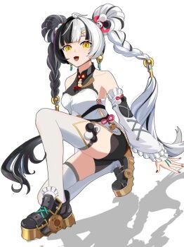 Rule 34 | 1girl, ahoge, bare shoulders, black hair, black shoes, black shorts, braid, braided twintails, china dress, chinese clothes, collarbone, commentary request, detached sleeves, dialyn (zenless zone zero), dress, earrings, full body, hair extensions, hair intakes, hair ornament, hairclip, highres, jewelry, long hair, looking at viewer, millau l, multicolored hair, necktie, on one knee, open mouth, panda hair ornament, red nails, ring hair extensions, shadow, shoes, shorts, simple background, solo, sparkling eyes, split-color hair, thighhighs, white background, white dress, white hair, white thighhighs, yellow eyes, yellow necktie, zenless zone zero