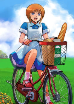 1girl baguette bicycle blue_dress blue_eyes blue_sky bread cloud cloudy_sky day dress drink_carton elpeo_puru food gacha-m grass gundam gundam_zz looking_at_viewer mary_janes meadow milk_carton orange_hair outdoors red_shoes riding riding_bicycle shoes short_hair sky smile socks solo white_socks