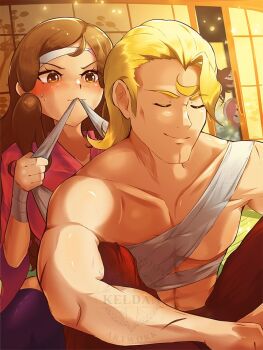 1boy 1girl arthur_(fire_emblem_fates) bandages_around_chest blonde_hair blue_eyes blush brown_eyes brown_hair commission fire_emblem fire_emblem_fates hana_(fire_emblem) headband japanese_clothes japanese_house keldancon long_hair nintendo sakura_(fire_emblem) samurai shirtless_male subaki_(fire_emblem) topless_male