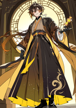 1boy absurdres black_boots black_gloves black_hair black_hakama blush boots brown_eyes brown_hair feet_out_of_frame from_below genshin_impact gloves gradient_hair gradient_hakama grey_kimono grin hair_between_eyes hakama haori highres japanese_clothes kieirinarts kimono long_hair multicolored_hair print_hakama smile solo very_long_hair zhongli_(genshin_impact)