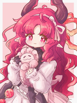 Rule 34 | 1girl, :3, arknights, black gloves, border, cchiii, closed mouth, commentary request, demon girl, demon horns, demon tail, dress, gloves, grey border, hair ribbon, hairband, highres, horns, long hair, long sleeves, looking at viewer, nymph (arknights), parted bangs, pink background, pointy ears, puffy long sleeves, puffy sleeves, red eyes, red hair, ribbon, short eyebrows, single glove, sleeves past wrists, solo, tail, thick eyebrows, very long hair, white dress, white hairband, white ribbon, yopi (user wdgp8532)