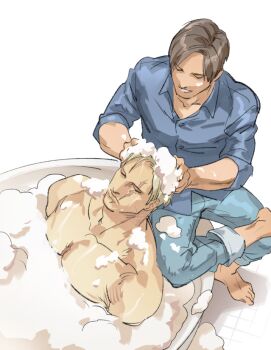 2boys bara bath bathing blonde_hair blue_pants blue_shirt brown_hair closed_eyes collared_shirt couple jack_krauser large_pectorals leon_s._kennedy male_focus multiple_boys muscular muscular_male pants pectorals resident_evil resident_evil_4 resident_evil_4_(remake) shirt short_hair simple_background smile tatsumi_(psmhbpiuczn) white_background yaoi