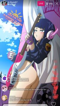 1girl artist_name ashido_mina ass audio_jack black_eyes black_hair black_jacket blue_sky blunt_bangs blush boku_no_hero_academia bottomless chat_log cloud commentary cowboy_shot curtains electric_guitar english_commentary english_text from_side guitar headphones heart highres holding holding_instrument instrument itskawer jacket jiro_kyoka kaminari_denki livestream long_earlobes music parted_lips playing_instrument pornography_production short_hair sky solo speaker twitter_username
