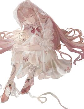 1girl absurdres ankle_ribbon artist_request bow bowtie chinese_commentary closed_eyes closed_mouth commentary_request dress dress_ribbon eyelashes flower_and_jenny_(shining_nikki) frilled_footwear frilled_gloves frilled_sleeves frills full_body gloves hair_spread_out hand_on_own_leg highres knees_up leg_bow leg_ribbon leg_tattoo long_dress long_hair nikki_(nikki) nikki_(series) pink_hair pink_shoes red_bow red_bowtie red_ribbon ribbon see-through_clothes see-through_veil shining_nikki shoes short_sleeves sitting solo source_request stuffed_animal stuffed_sheep stuffed_toy tattoo third-party_source thorns transparent_background veil very_long_hair white_bow white_dress white_gloves white_ribbon white_veil