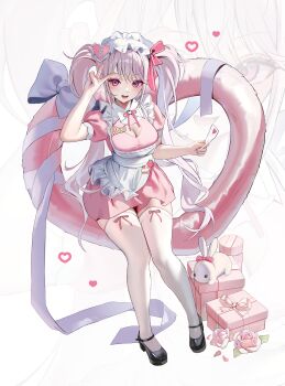 1girl absurdres alice_(nikke) alternate_costume apron black_shoes blush breasts cleavage cleavage_cutout clothing_cutout dress enmaided flower frilled_apron frills gift goddess_of_victory:_nikke hair_ribbon heart heart_cutout highres holding holding_letter holding_paper letter long_hair looking_at_viewer love_letter maid maid_apron maid_headdress mary_janes medium_breasts name_tag open_mouth paper pink_eyes pink_flower pink_hair pink_rose puffy_sleeves ribbon rose shoes short_sleeves smile solo thighhighs twintails uyuri_(89976220) v waist_apron white_apron white_thighhighs zoom_layer