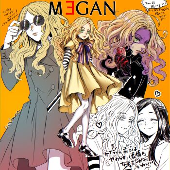 2girls absurdres blonde_hair blood blood_on_hands brown_dress cady_(m3gan) character_name coat commentary_request copyright_name dark_0523 dress eyelashes green_eyes grey_coat heart highres holding holding_behind_back holding_ear long_hair m3gan m3gan_(character) mary_janes multiple_girls multiple_views orange_background pale_skin pantyhose parted_bangs ribbon round_eyewear severed_ear shoes smile speech_bubble striped_ribbon striped_sleeves sunglasses translation_request white_pantyhose