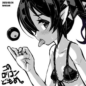 1girl backbeako_(torotei) backbeard bikini blush breasts collarbone commentary dated dated_commentary fellatio_gesture frilled_bikini frills from_side front-tie_bikini_top front-tie_top gegege_no_kitarou greyscale hair_over_one_eye hair_ribbon hand_up kono_lolicon_domome loli long_hair looking_at_viewer monochrome open_mouth original paid_reward_available pointy_ears profile ribbon simple_background small_breasts solo swimsuit tongue tongue_out torotei translated twintails upper_body watermark web_address white_background