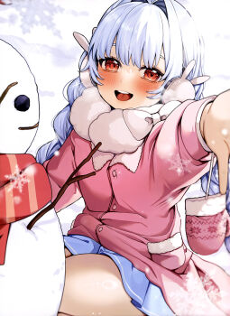 1girl :d absurdres blue_skirt blush braid coat dengeki_moeoh earmuffs hair_intakes highres long_hair looking_at_viewer low_twin_braids magazine_scan miniskirt mittens norisuke_(natto) open_mouth original outdoors outstretched_arm pink_coat pink_mittens rabbit_earmuffs reaching reaching_towards_viewer red_eyes scan skirt smile snow snowing snowman solo teeth third-party_source tongue twin_braids unworn_mittens upper_teeth_only white_hair winter_clothes