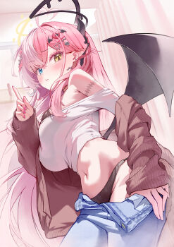 1girl :t absurdres ahoge bare_shoulders bat_hair_ornament black_horns black_panties black_wings blue_eyes blue_pants blush bra breasts brown_cardigan cardigan closed_mouth clothes_pull commentary_request commission crop_top crossed_bangs curtains denim from_side groin hair_between_eyes hair_ornament hand_up heart heart_ahoge heart_hair_ornament heterochromia highres horns index_finger_raised indie_virtual_youtuber indoors jeans large_breasts long_hair long_sleeves looking_at_viewer low_wings midriff momosiro_kana multicolored_hair nail_polish navel off-shoulder_shirt off_shoulder panties pants pants_pull pink_hair pink_nails pointy_ears pout s.jeti shirt skull_hair_ornament sleeves_past_wrists small_horns solo split-color_hair standing turning_head underwear very_long_hair virtual_youtuber white_hair wings yellow_eyes