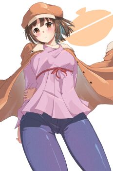1girl arms_behind_back blush brown_eyes brown_hair coat collarbone commentary_request denim hat highres holding_own_wrist jeans long_sleeves looking_at_viewer monogatari_(series) onabe915 open_clothes open_coat orange_coat orange_hat pants pink_shirt red_ribbon ribbon sengoku_nadeko shirt short_hair signature simple_background solo white_background