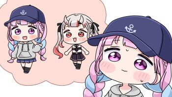 +_+ 2girls :d anchor_symbol bare_shoulders baseball_cap black_bow black_necktie black_skirt black_socks blue_hair blue_shoes blue_skirt blush_stickers bow braid chibi closed_mouth collared_shirt gradient_hair grey_hair grey_hoodie grey_shoes hair_bow hair_ornament hat highres hololive hood hood_down hoodie horns imagining long_hair low_twintails minato_aqua mochimiko multicolored_hair multiple_girls nakiri_ayame nakiri_ayame_(streetwear) necktie oni open_mouth pink_hair pleated_skirt purple_eyes red_eyes red_hair shirt shoes skirt sleeveless sleeveless_shirt smile socks sweat twin_braids twintails two-tone_hair v-shaped_eyebrows very_long_hair virtual_youtuber walking white_background white_shirt x_hair_ornament