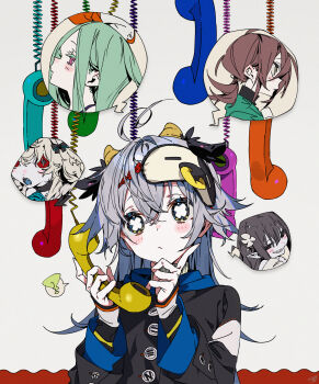 5girls absurdres ahoge black_jacket brown_eyes brown_hair bukurote colored_eyelashes commentary_request green_hair grey_background grey_hair hair_between_eyes highres holding holding_phone horns jacket long_sleeves mask mask_on_head multiple_girls original phone pointy_ears purple_eyes red_eyes sharp_teeth simple_background sleep_mask symbol-shaped_pupils teeth wide_sleeves x-shaped_pupils