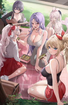 5girls absurdres acoustic_guitar akasha_(vtuber) arm_support barefoot basket beret black_shorts black_tank_top blanket blonde_hair blue_eyes blush borrowed_character braid bread breasts chewing cleavage closed_eyes commentary_request crop_top detached_sleeves dongtan_dress dress ear_piercing feeding figure_four_sitting food from_above glasses grass grey_dress guitar hair_ribbon hat highres holding holding_food holding_sandwich indie_virtual_youtuber instrument jag-eobsil_talchul!_acha_ctrl_s!! kneeling large_breasts leaf lillly lillly_(character) long_hair looking_at_viewer midriff multiple_girls music open_mouth original outdoors picnic picnic_basket picnic_blanket piercing pink_hair playing_guitar playing_instrument ponytail purple_eyes purple_hair red_eyes red_ribbon red_shorts red_skirt ribbon rikunyang round_eyewear sandwich seiza shirt shirt_tucked_in short_hair short_shorts shorts side_ponytail sideboob sitting skirt smile sports_bra takahashi_minami_(myowa) tank_top thigh_strap thighhighs twin_braids virtual_youtuber wariza white_hair white_shirt yuki_(jeon-eo)