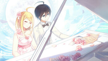 1boy 1girl ahoge akamatsu_kaede alternate_costume bare_arms bare_shoulders beads black_bow black_bowtie black_hair blazer blonde_hair blue_background blue_eyes bow bowtie breasts brooch buttons cleavage closed_eyes closed_mouth collared_jacket collared_shirt commentary_request danganronpa_(series) danganronpa_v3:_killing_harmony dress eyelashes flower flower_brooch formal_clothes fortissimo grand_piano hair_beads hair_between_eyes hair_bow hair_flower hair_ornament hairclip happy hetero hiragi_rin instrument jacket jewelry lapels light_blush long_eyelashes long_hair long_sleeves looking_at_object moon music musical_note musical_note_hair_ornament musical_staff neck_flower neck_ribbon necklace notched_lapels open_clothes open_jacket petals piano pink_dress pink_flower pink_ribbon pink_rose pink_sash playing_instrument playing_piano ribbon rose rose_petals saihara_shuichi sash see-through_bow shade sheet_music shirt short_hair sidelocks smile strapless strapless_dress striped_sash traditional_bowtie treble_clef tuxedo upper_body waist_bow waist_sash white_bow white_jacket white_shirt