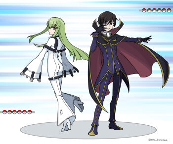 1boy 1girl black_hair bodysuit c.c. cape code_geass green_hair hand_over_face high_heels highres lelouch_vi_britannia long_hair nintendo poke_ball pokemon pokemon_battle purple_eyes setu_kurokawa short_hair smile yellow_eyes